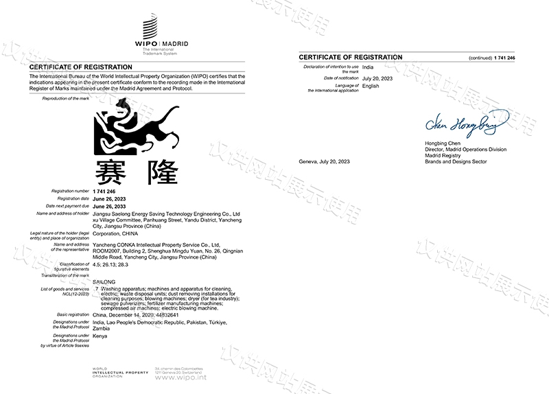 赛隆国际商标马德里注册证